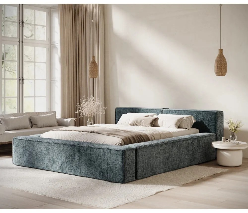 Сиво-синьо двойно легло 160x200 cm тапицирано с място за съхранение с включена подматрачна рамка Voliera – Maison de Rêve