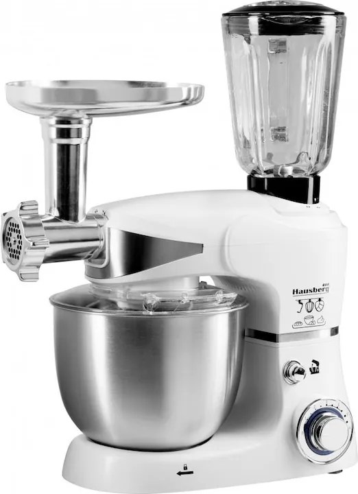 Кухненски робот със стоманена купа Hausberg HB-7605AB, 1000W, 5 л, 6 скорости, LED, Блендер, Миксер, Месомелачка, Бял