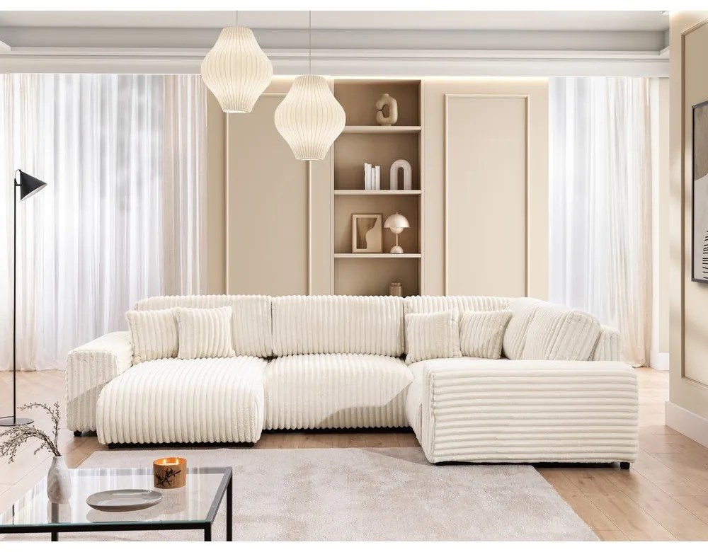 Кремав ъглов диван от рипсено кадифе (десен ъгъл/U форма) Justin – Ropez