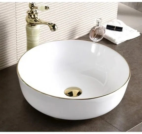 Мивка за баня ICB 875 GOLDEN EDGE, монтаж върху плот, бял + златен, 41.5x41.5x13.5см