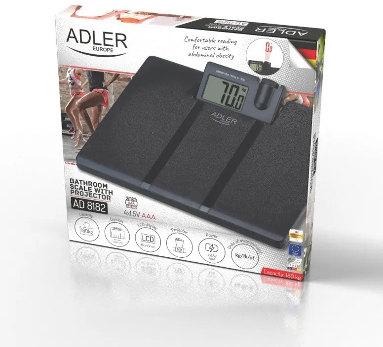 Кантар Adler AD 8182, До 180 кг, Проектор, LCD дисплей, 4 x ААA, Черен