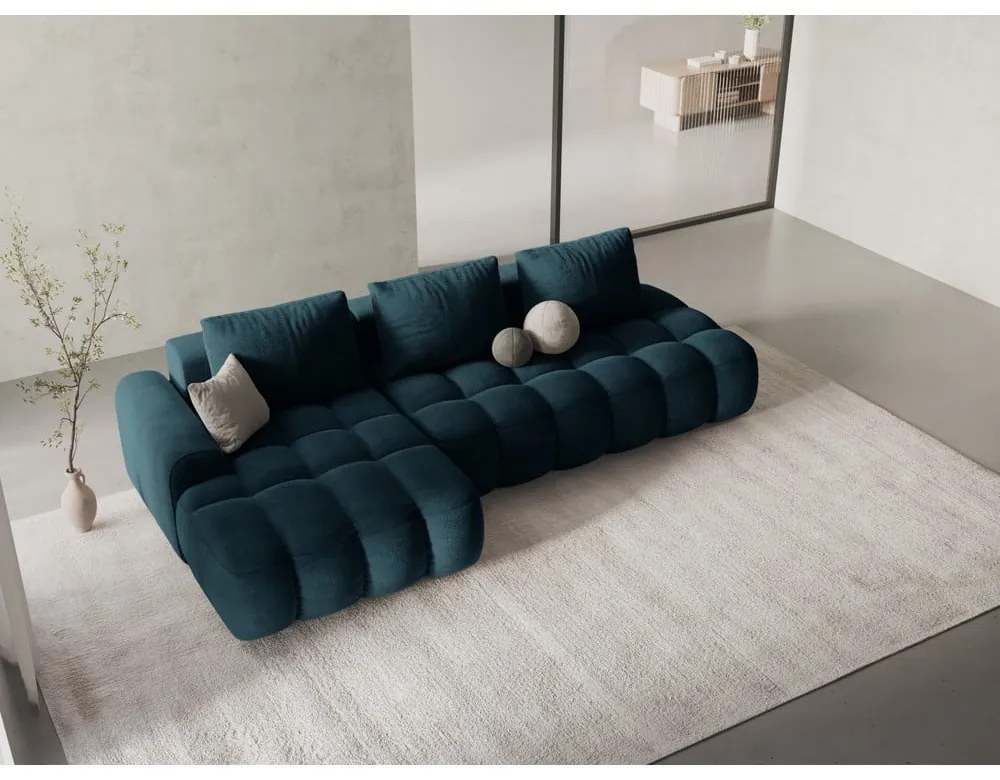 Кадифен сгъваем/с място за съхранение ъглов диван в петролен цвят (ляв ъгъл) Linz – Cosmopolitan Design