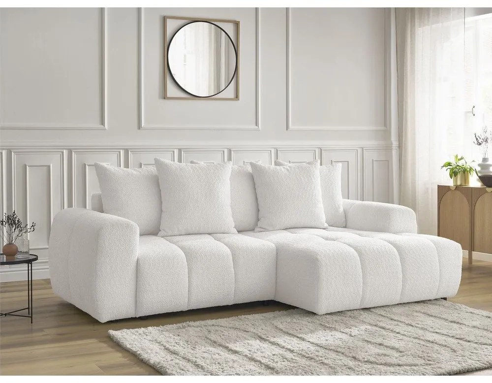 Бял сгъваем/с място за съхранение ъглов диван от прежда с примки от букле (десен ъгъл) Roxelane – Bobochic Paris