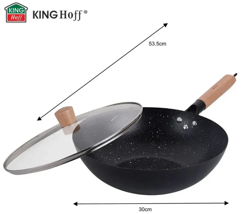 Уок тиган Kinghoff KH 1984, 30 см, Стъклен капак с отвор за пара, Мраморно покритие, Индукция, Черен