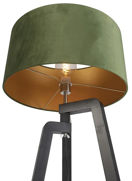 Подова лампа триножник черна със зелена абажура и злато 50 см - Puros