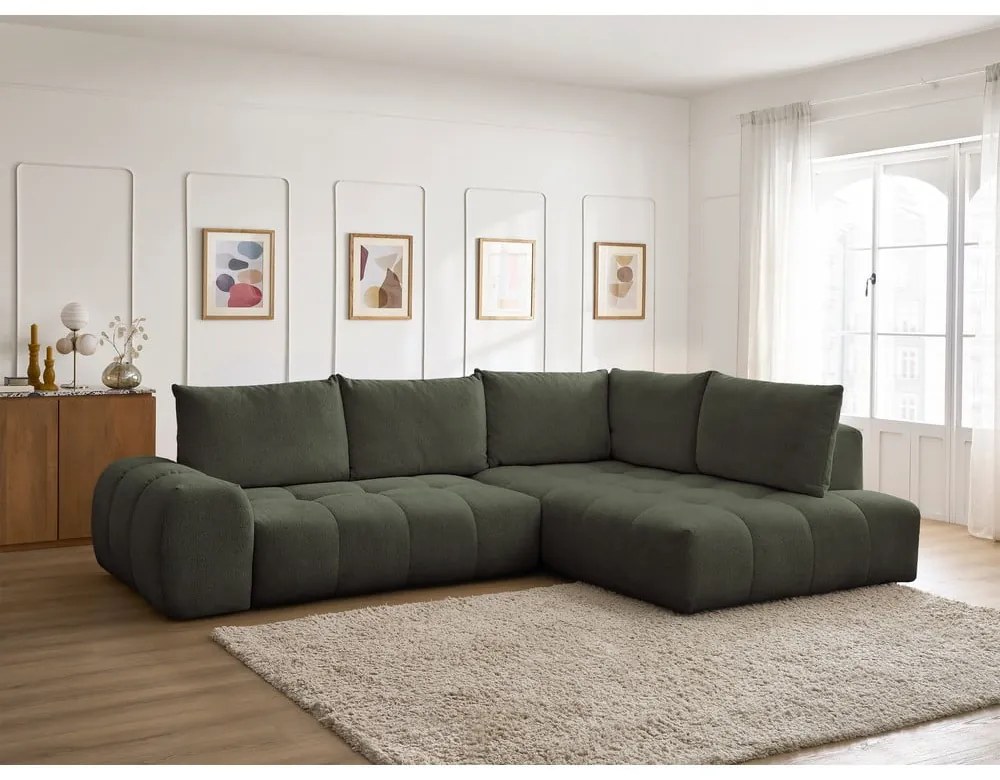 Зелен шенилов сгъваем/с място за съхранение ъглов диван (десен ъгъл/L форма) Everest – Bobochic Paris