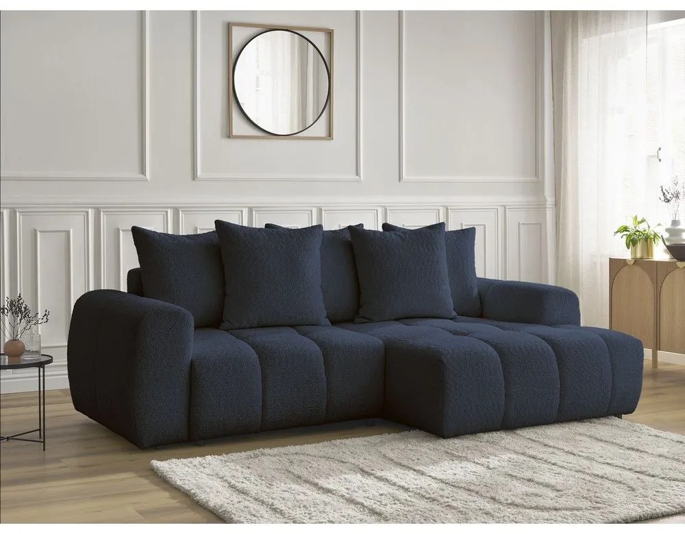 Син разтегателен ъглов диван с място за съхранение от букле (десен ъгъл) Roxelane – Bobochic Paris