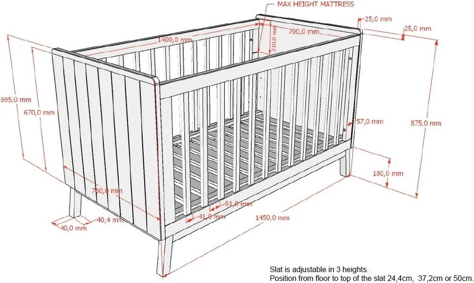 Бежово детско креватче 70x140 cm от масивен бор с подвижна странична част/с регулируема височина Sezane – Vipack