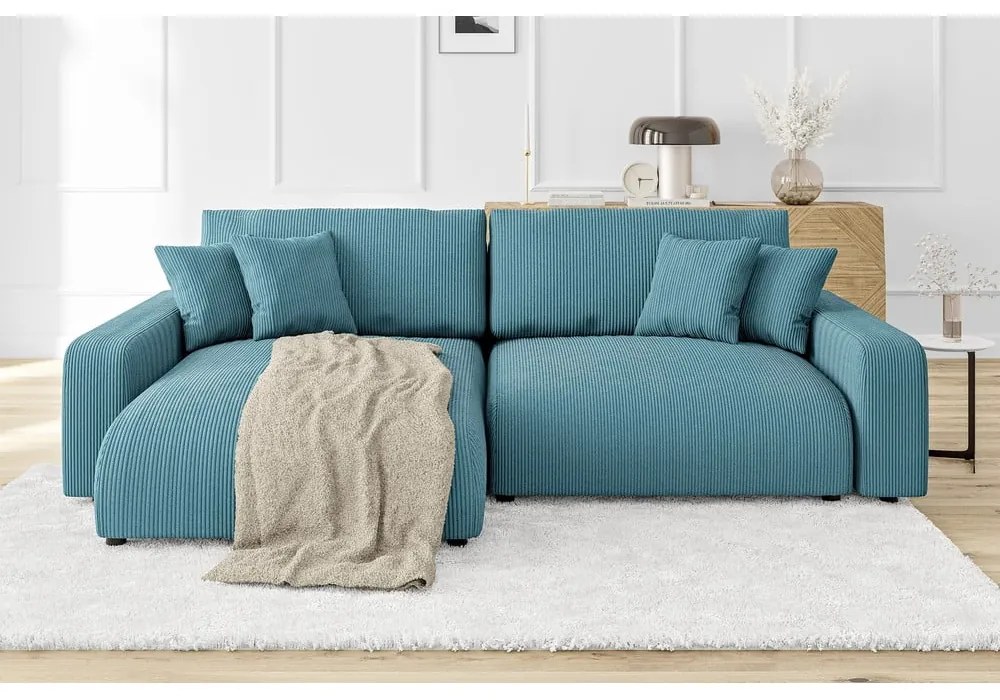 Тюркоаз сгъваем ъглов диван от рипсено кадифе Sara – Ropez