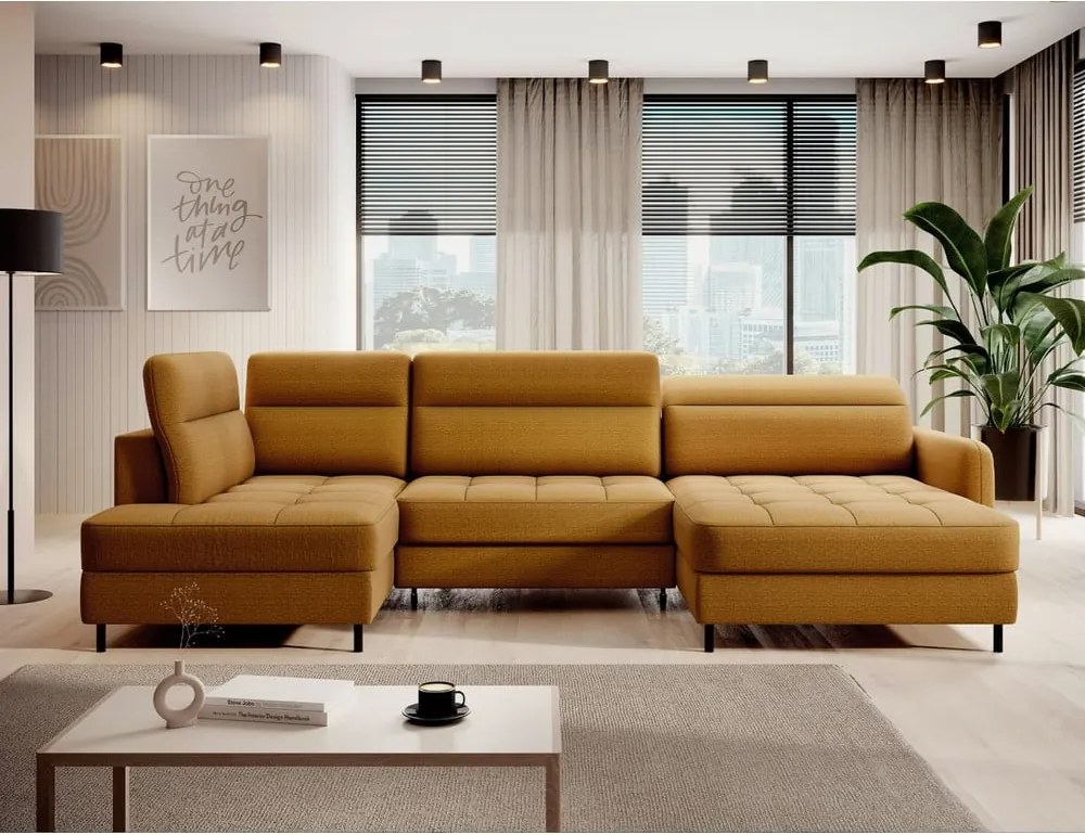 Жълт кадифен разтегателен ъглов диван с място за съхранение (ляв ъгъл U форма) Berrto – ELTAP