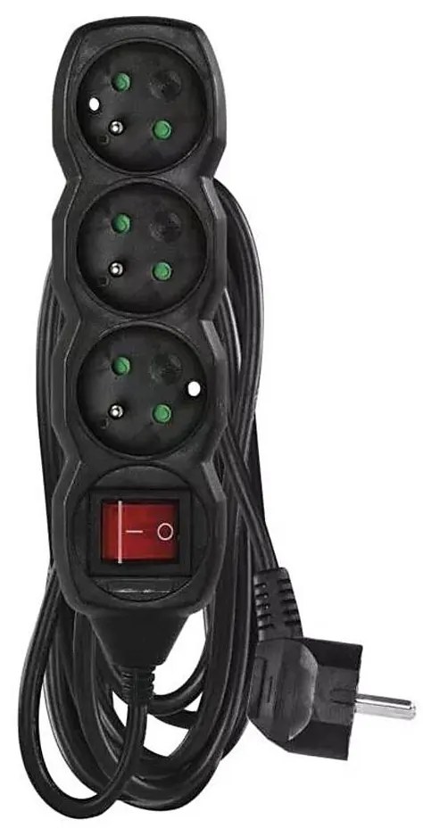 Удължител с ключ 3 гнезда 5м, черен