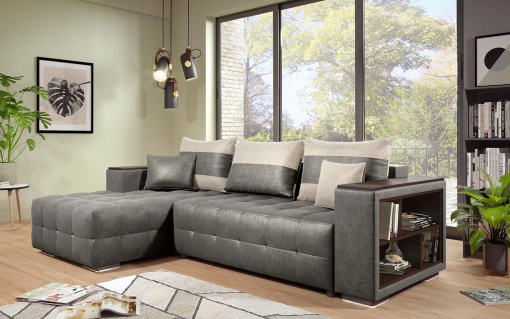 Разтегателен ъглов диван с подлакътник етажерка Мелвин S