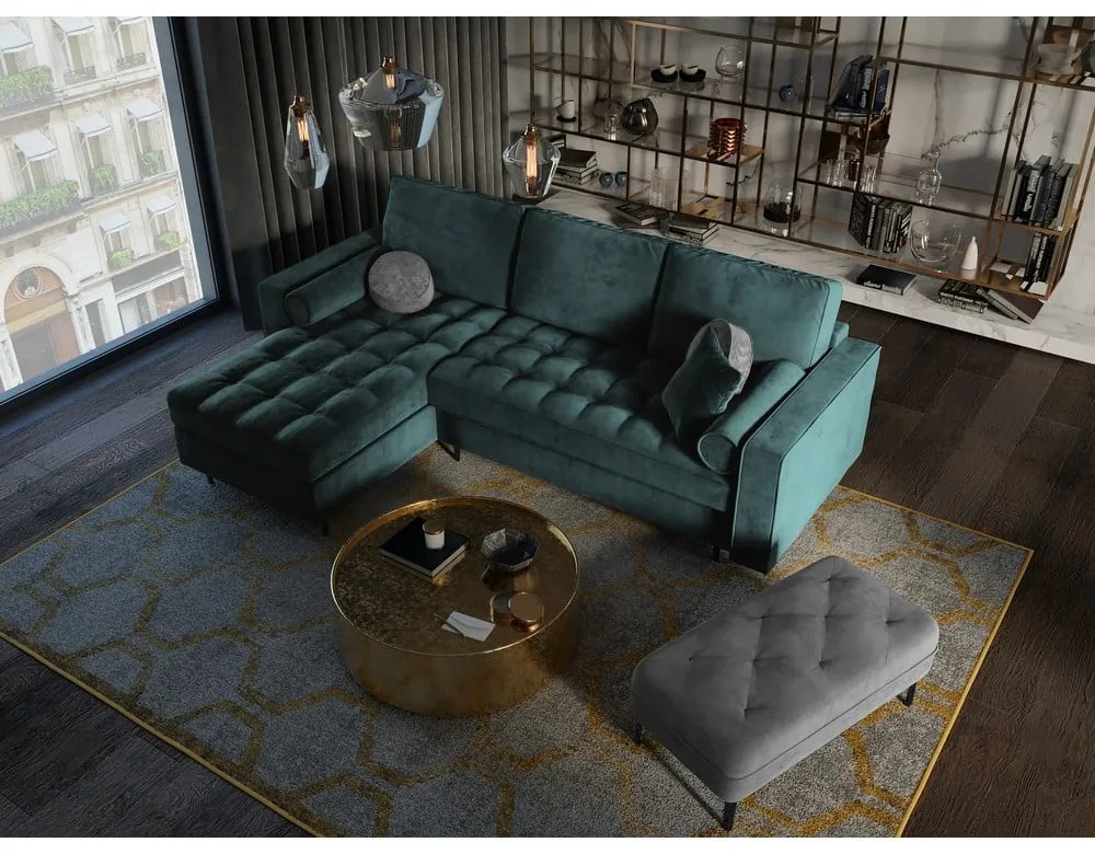 Ъглов разтегателен диван от кадифе в петролено зелено, ляв ъгъл Santo - Milo Casa