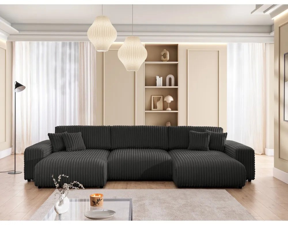 Тъмносив разтегателен ъглов диван с място за съхранение от рипсено кадифе (U форма) Sarina – Ropez