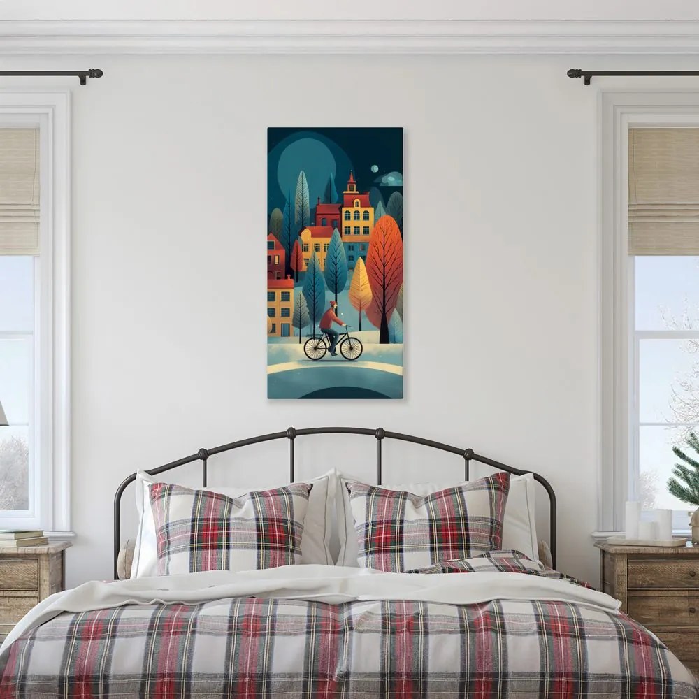 Картина на платно – Колоездач в зимния град