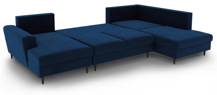 Син кадифен разтегателен ъглов диван с място за съхранение (десен ъгъл/U форма) Kyoto – Cosmopolitan Design