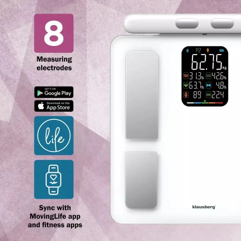 Кантар - анализатор Klausberg KB 7857, До 180 кг, Bluetooth, Android/iOS, LCD дисплей, 14 телесни стойности, Бял