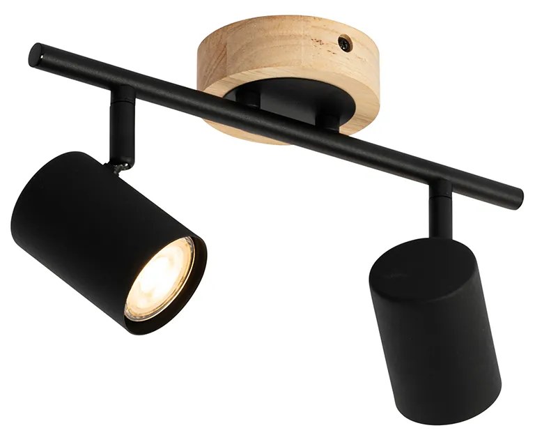 Модерен прожектор черен с дърво наклоняем 2-светлина - Jeana