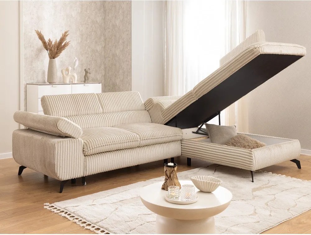 Бежов ъглов диван от рипсено кадифе (десен ъгъл L форма) Marbeya – Ropez