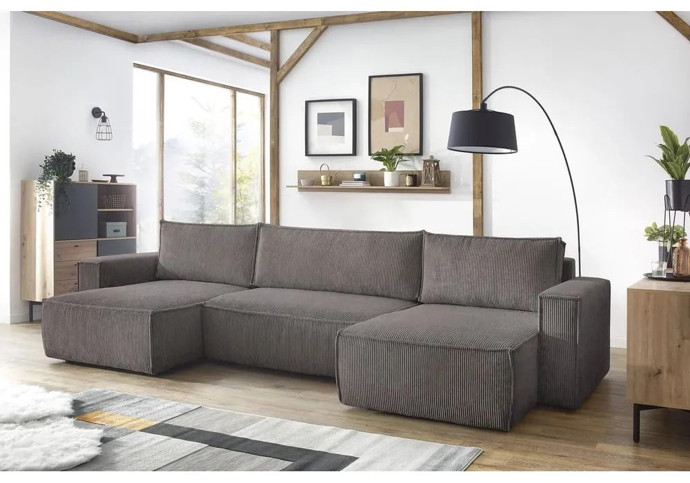 Тъмносив велурен U-образен разтегателен диван Nihad - Bobochic Paris