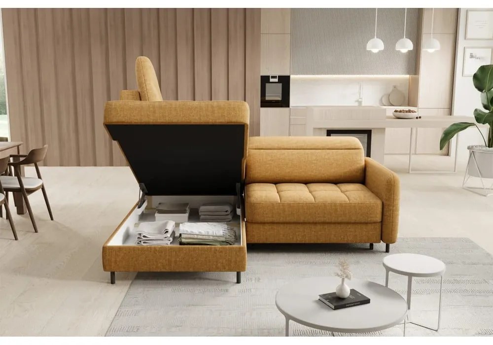 Жълт кадифен разтегателен ъглов диван с място за съхранение (ляв ъгъл L форма) Barea – ELTAP