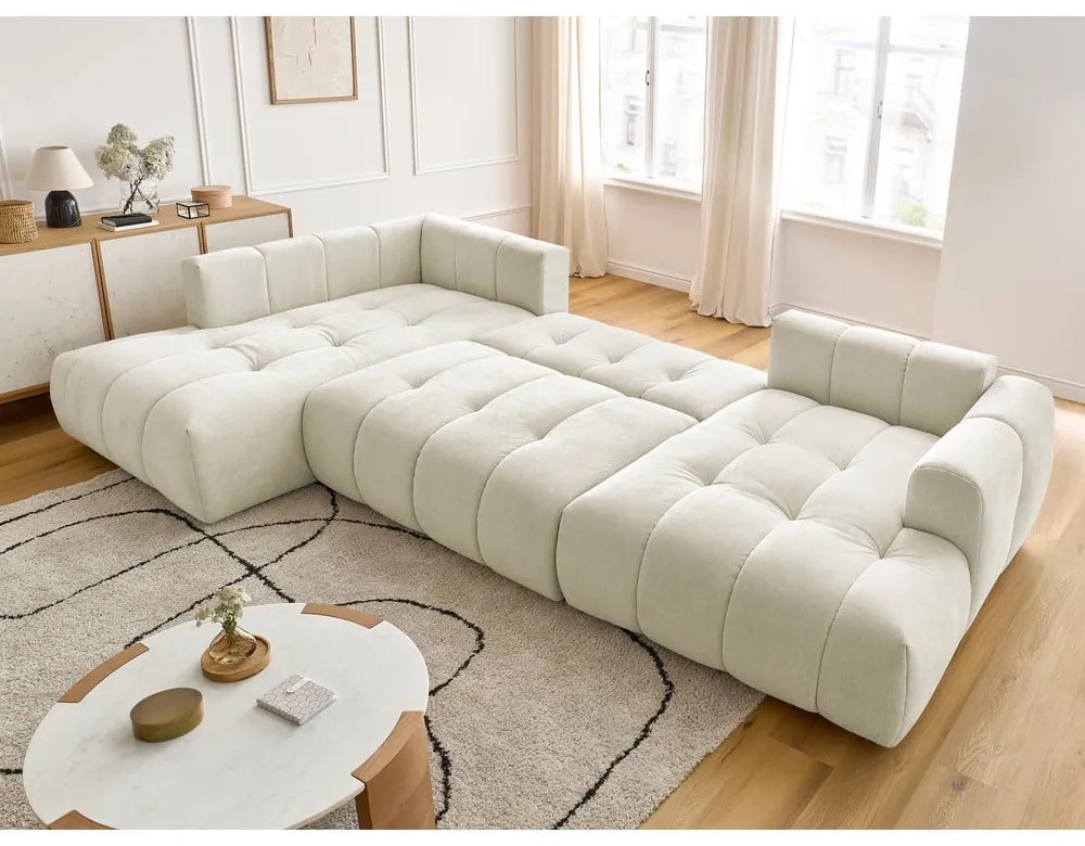 Бежов сгъваем/с място за съхранение ъглов диван (ляв ъгъл/U форма) Fuji – Bobochic Paris