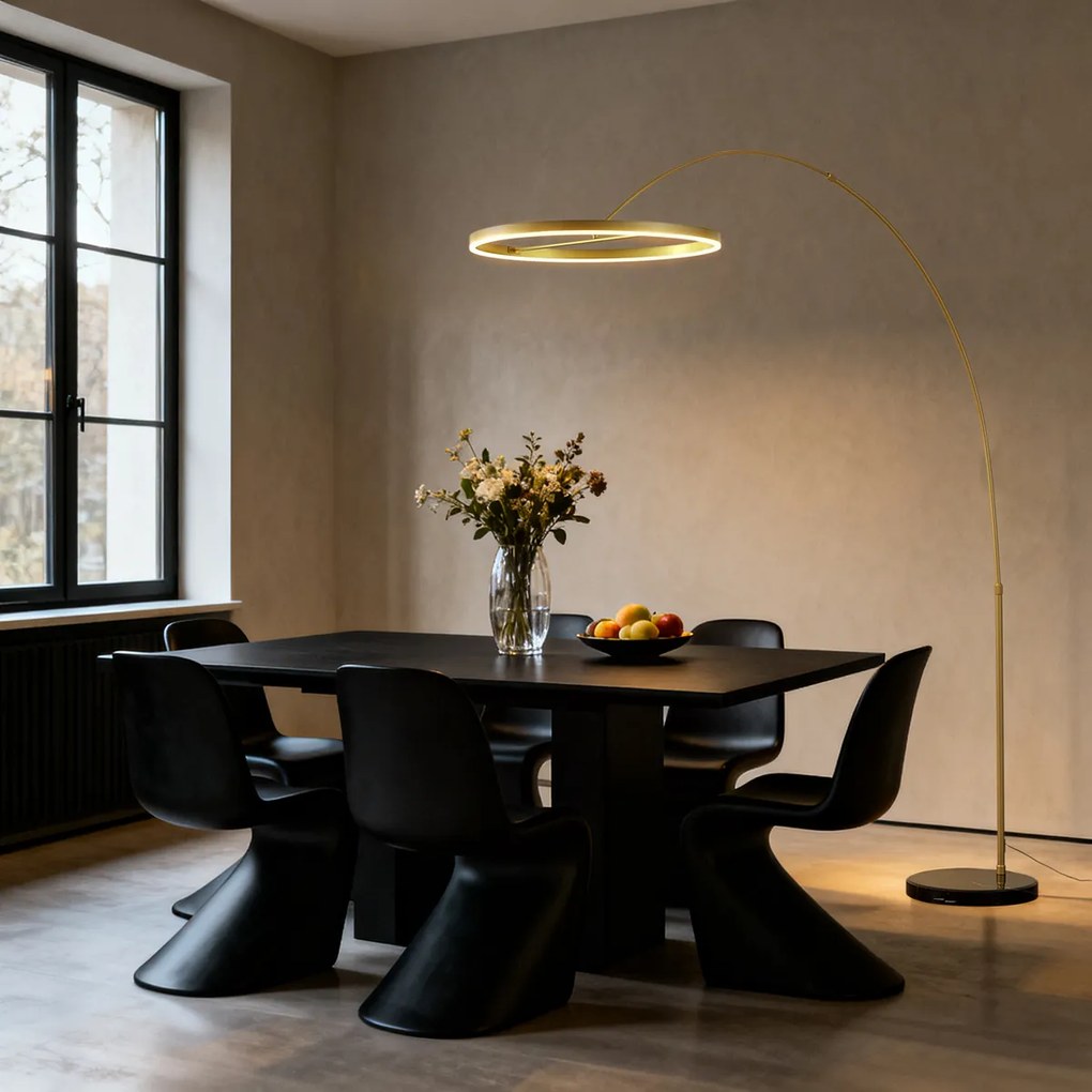 Дизайнерска дъгова подова лампа златиста, включва LED димируема в 3 стъпки - Anello