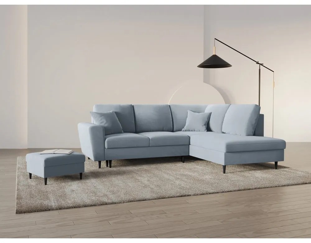 Светлосин кадифен разтегателен ъглов диван с място за съхранение (десен ъгъл/L форма) Kyoto – Cosmopolitan Design