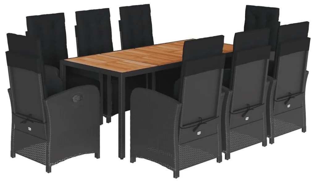 3212479 vidaXL Градински трапезен комплект възглавници 9 части черен полиратан