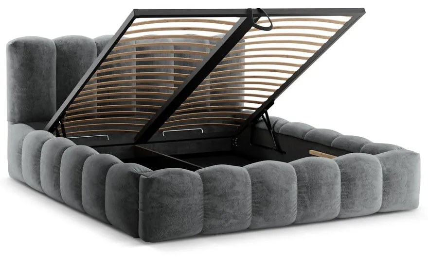 Сиво тапицирано двойно легло с място за съхранение с включена подматрачна рамка 160x200 cm Lupine – Micadoni Home