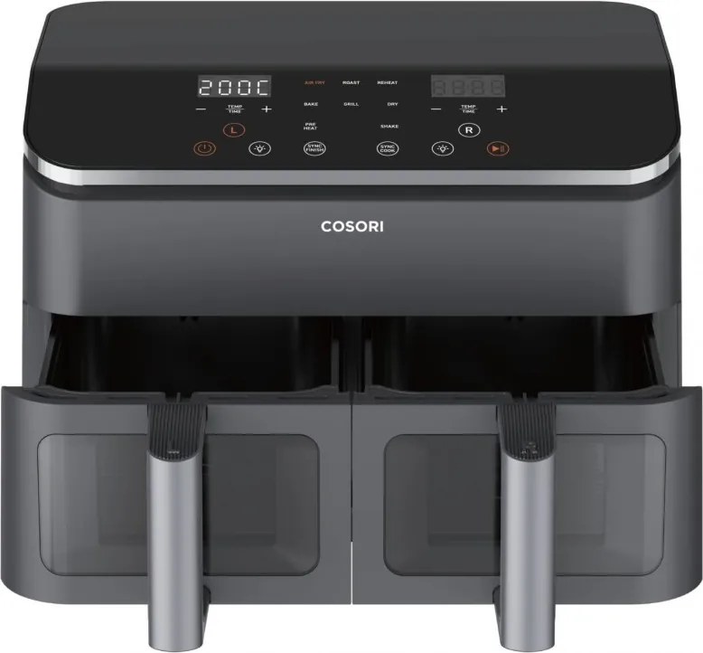 Втора ръка: Двоен фритюрник с горещ въздух Cosori Dual Basket CAF-R901-AEU, 1750 W, 8.5 л, 8 програми, Таймер, Touch screen, Черен