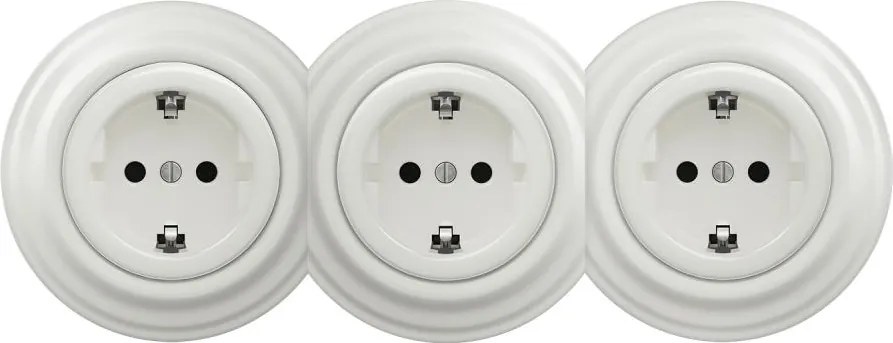 Kliklap - Тройна ретро домашна розетка с рамка SCHUKO 230V, керамична, бяла