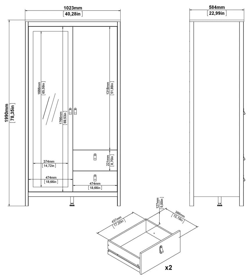 Черен гардероб с огледало 102x199x58 cm Madrid – Tvilum