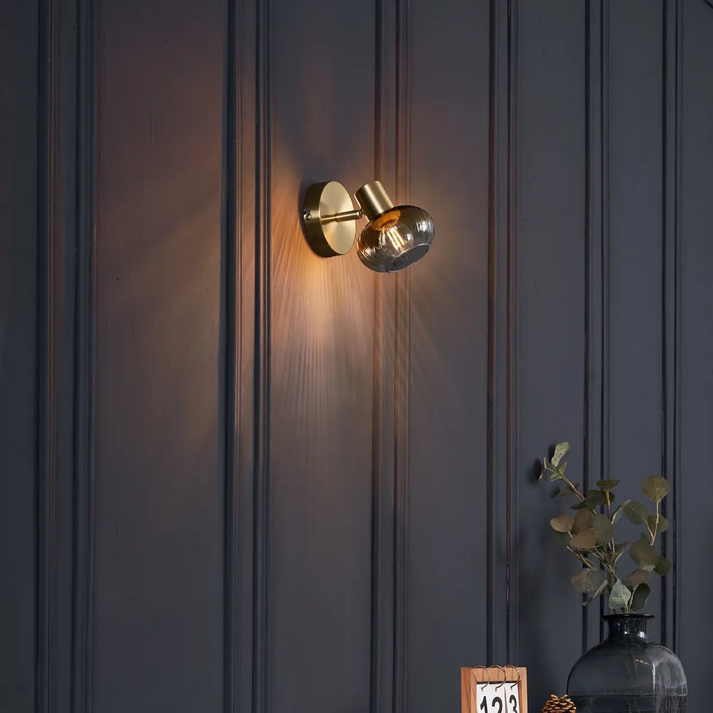 Модерен таванен прожектор златен с кръгло кехлибарено стъкло - Теди