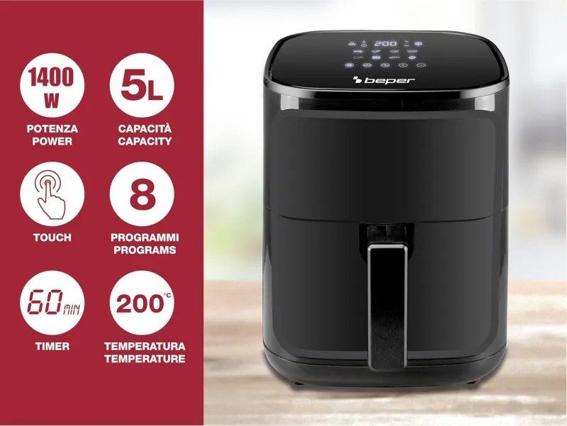 Фритюрник с горещ въздух Air Fryer Beper P101FRI051, 1400 W, 5l, 8 програми, 80-200C, Таймер, Черен