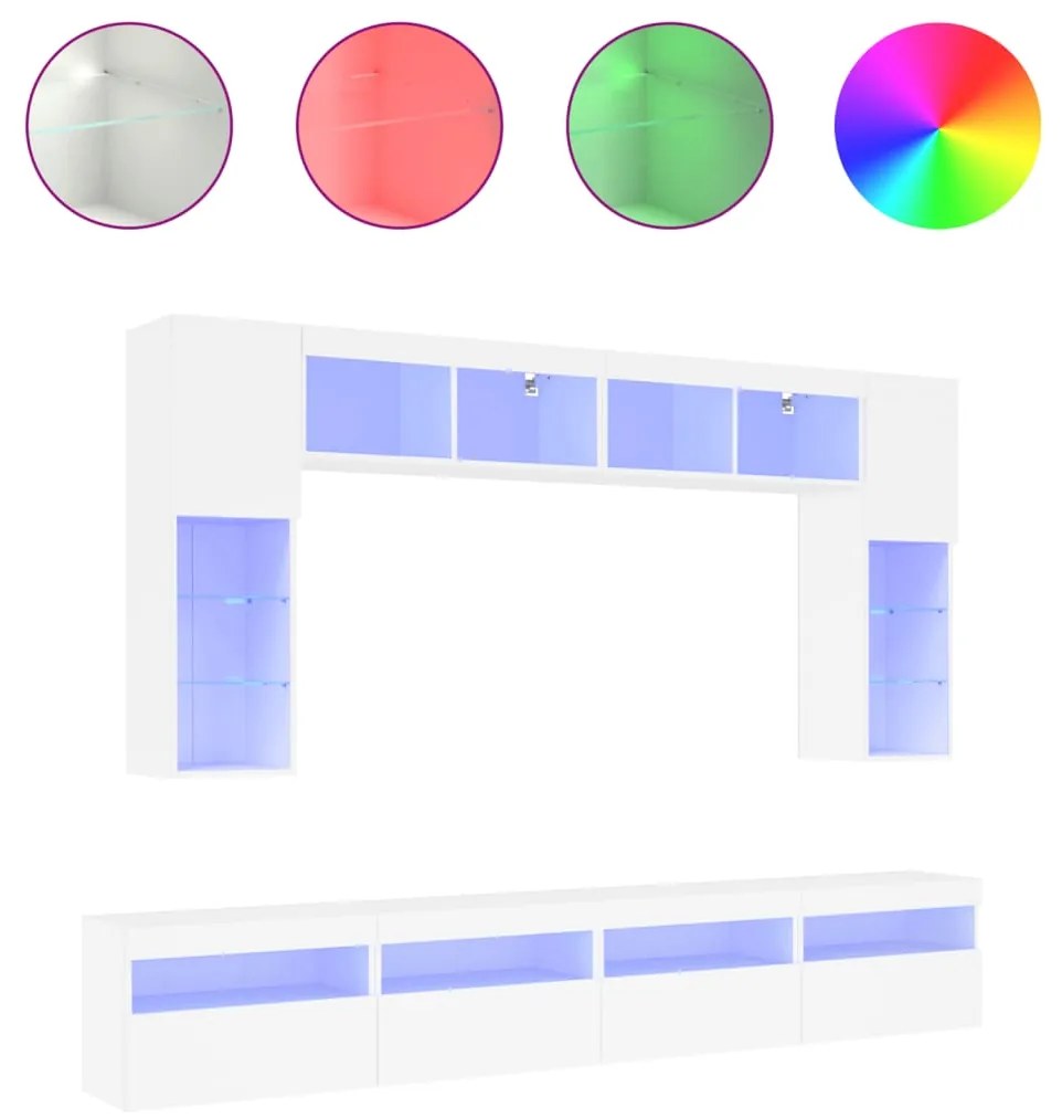 3216764 vidaXL Комплект ТВ стенни шкафове, 8 части, с LED светлини, бели
