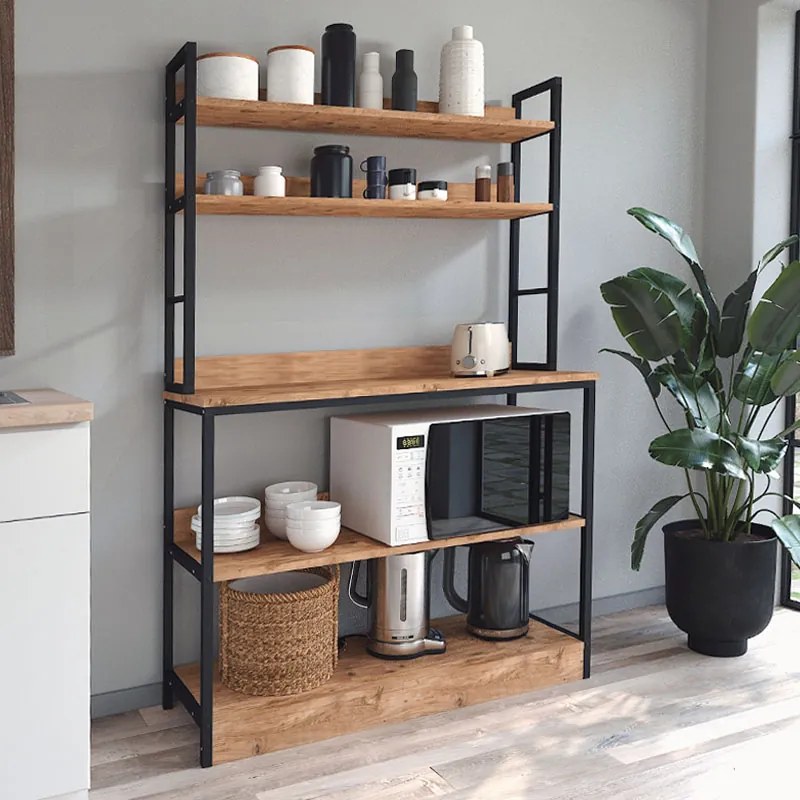 Метална етажерка Foyer в черен цвят - цвят борова дъб 101x36x160,7см.