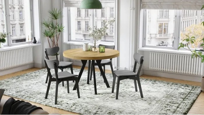 ЕКСПАНСО Американски дъб/черни крака - ГОЛЯМА КРЪГЛА МАСА Ø110 РАЗТЕГАТЕЛНА ДО 310 cm С КРАКА Y ЛОФТ/ИНДУСТРИАЛНА