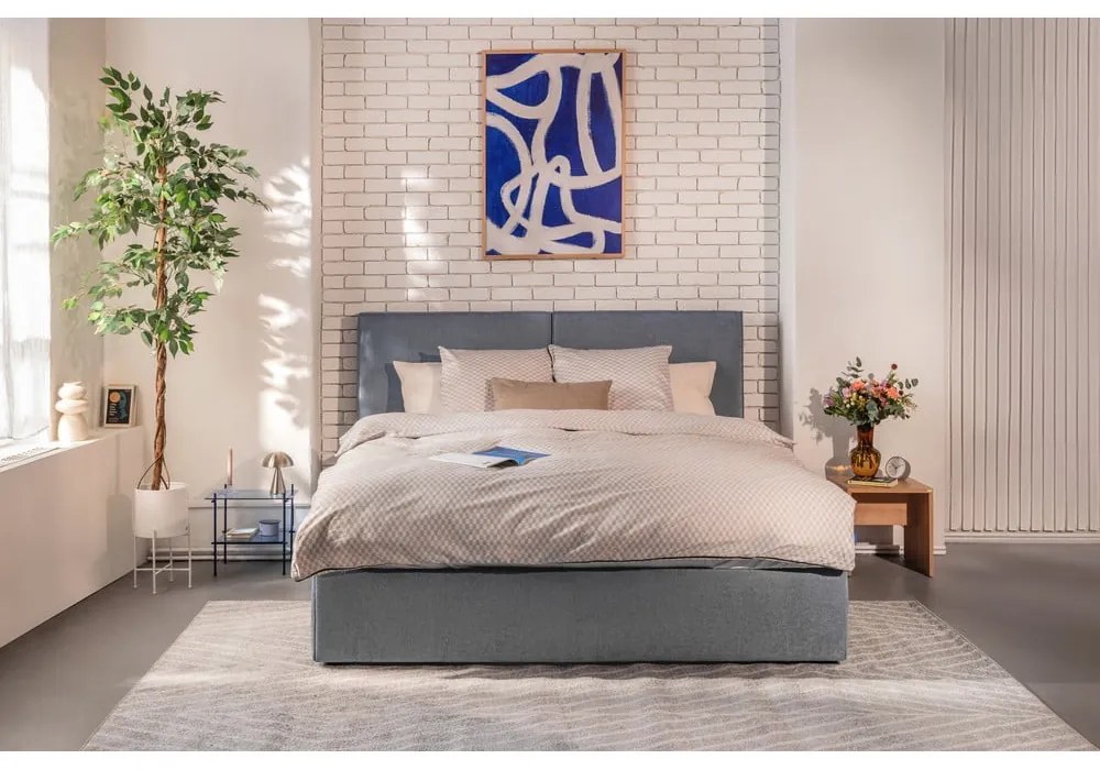 Синьо тапицирано двойно легло с място за съхранение и матрак с решетка 160x200 cm Thessa Bold - Bonami Selection