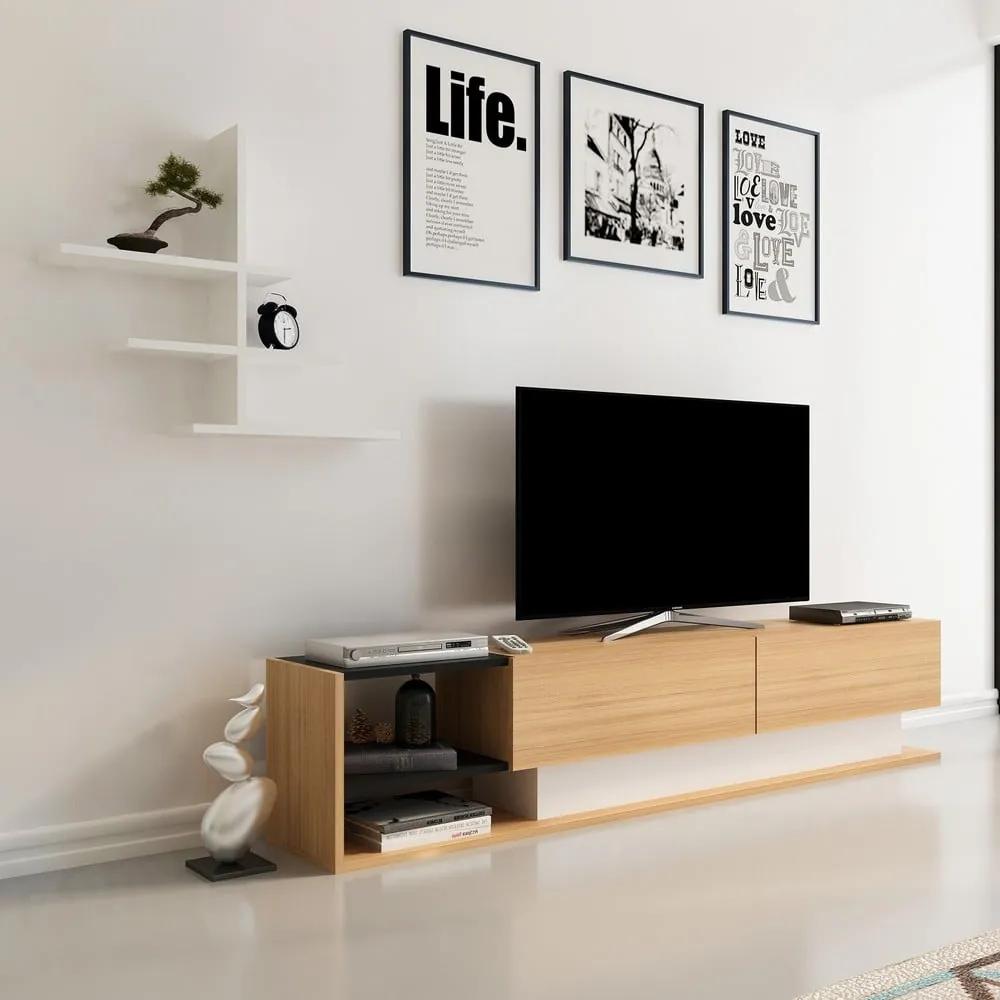 Бял/естествен шкаф за телевизор от екзотична дървесина 180x40 cm Liza - Kalune Design