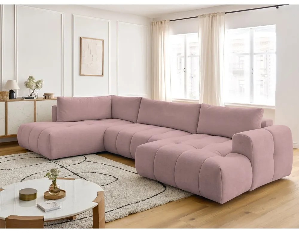 Розов сгъваем/с място за съхранение ъглов диван (ляв ъгъл/U форма) Fuji – Bobochic Paris