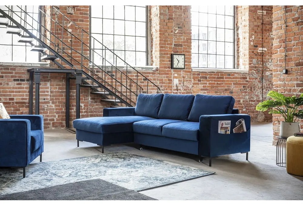 Морскосиньо кадифено ъглов диван, ляв ъгъл Lofty Lilly - Miuform