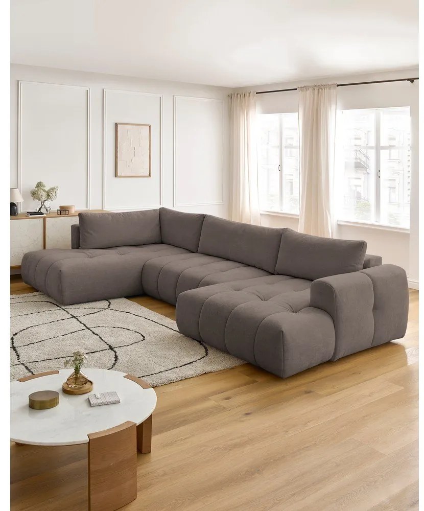 Кафяво-сив сгъваем/с място за съхранение ъглов диван (ляв ъгъл/U форма) Fuji – Bobochic Paris