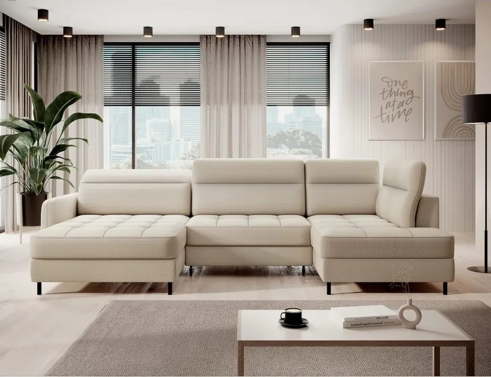 Бежов кадифен разтегателен ъглов диван с място за съхранение (десен ъгъл U форма) Berrto – ELTAP