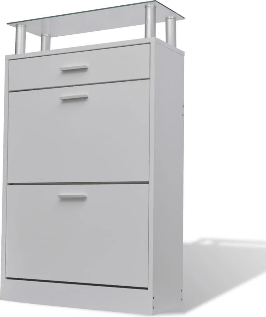 241244 vidaXL Шкаф за обувки с чекмедже и горен стъклен плот, дърво, бял