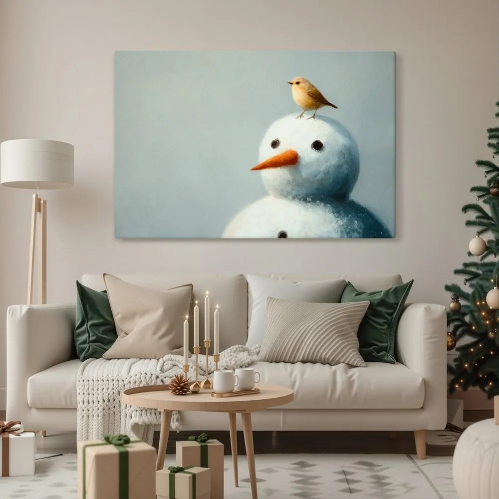 Картина на платно – Коледен снежен човек с птиче