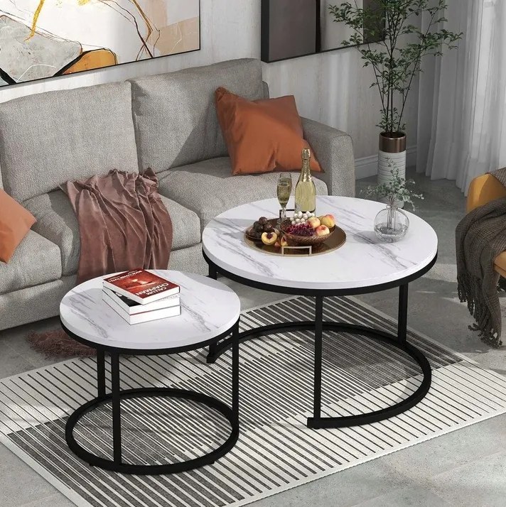 Комплект от 2 кръгли масички за кафе - бял мрамор