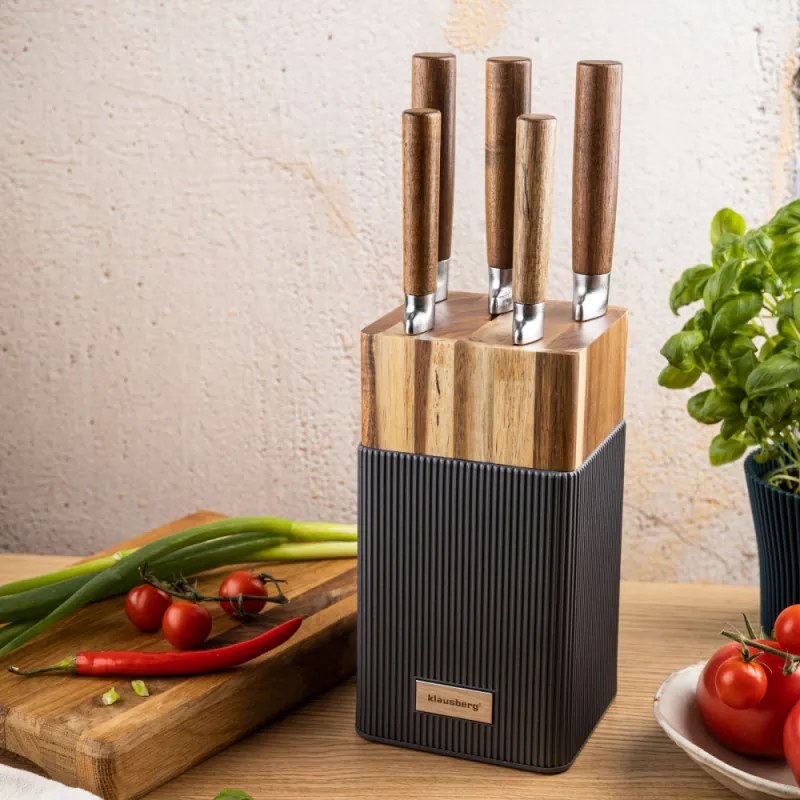 Комплект ножове Klausberg KB 7983, 6 части, Неръждаема стомана, Стойка от акациево дърво, Кафяв/графит