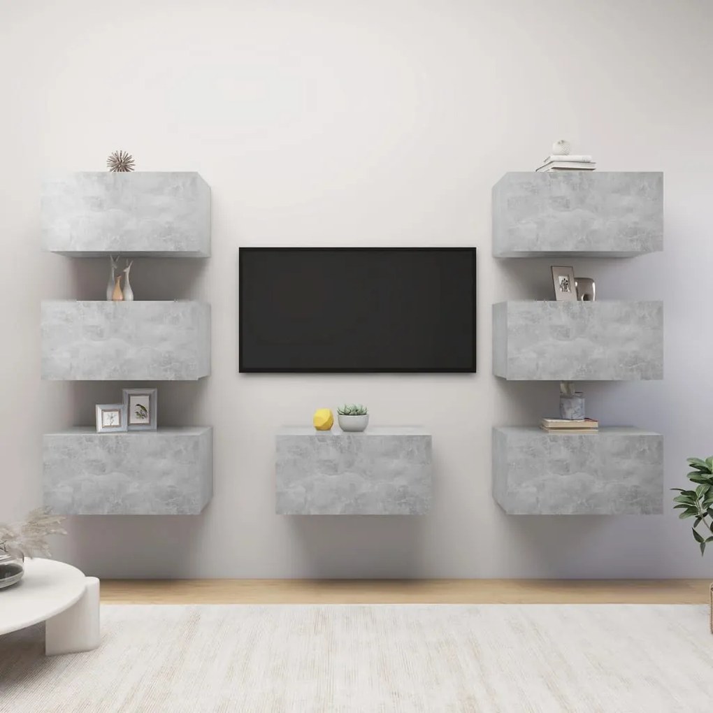 3079163 vidaXL ТВ шкафове, 7 бр, бетонно сиви, 30,5x30x60 см, инженерно дърво