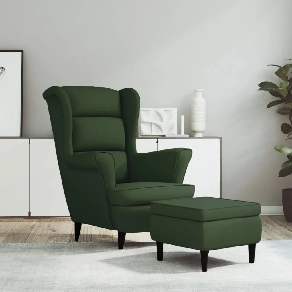 3115933 vidaXL Фотьойл Wingback с табуретка, тъмнозелена, кадифе